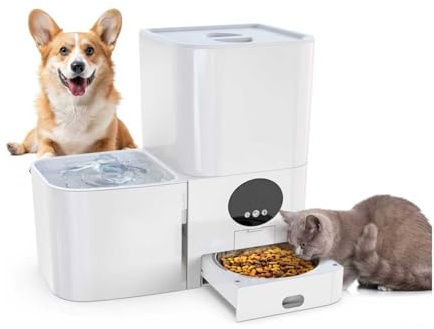 2 in 1 Automatic Dog Cat Feeder and Water Dispenser, 5L Automatic Cat Food Dispenser for Dry Food with App Control and 3L Water Fountain, Dual Power Supply, Flexible Schedule Timer
