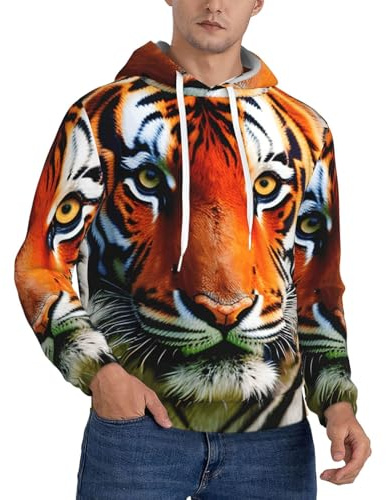 XTYGETY Tiger ränder orange mönster tryck vuxen herr fleece huvtröjor sweatshirts mjuk pullover sweatshirt med fickor för män