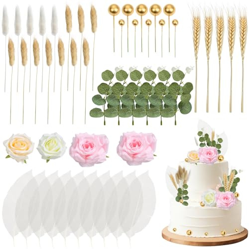 50 Pièces Décorations de Gâteau Bohème, Décoration Gâteau avec Des Roses, Des Boules Dorées, de L'herbe à Queue de Renard, Des Nervures, Deco Gateau Anniversaire Mariage pour Les Mariages, Les Fêtes