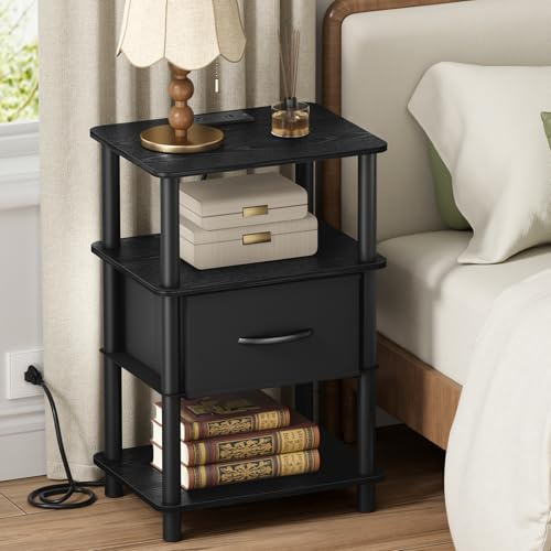 Atoping Bedroom Nightstand with Charging Station, Bedside Table with Adjustable Fabric Drawer, 3-Tier Night Table, 2-Min Installation Without Tools, Bedroom Side Table, Black