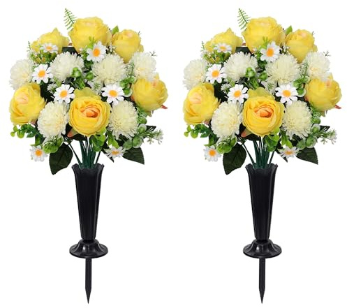Wocst Cemetery Flowers for Graves 2PCS Grave Roses Silks Bouquets with Vases for Outdoor Grave Decorations Weatherproof,NO-Fading