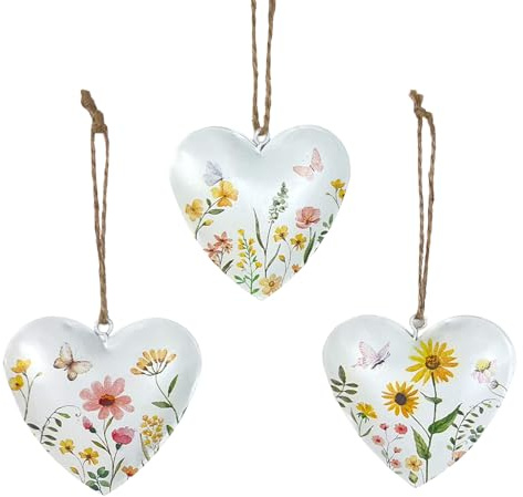 Logbuch-Verlag - Set di 3 cuori in metallo, motivo: prato floreale in scatola, circa 6,5 cm, dipinti a mano, colore: bianco e colorato, decorazione primaverile da appendere, idea regalo