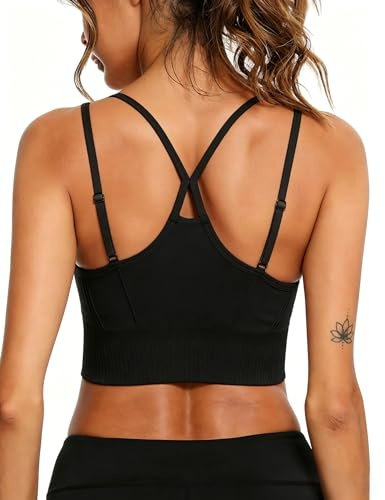 Litherday Women's Sports Bra Wireless Support Bra Cross Back Spaghetti Straps Removable Padded Yoga Gym Running Crop Top Black M