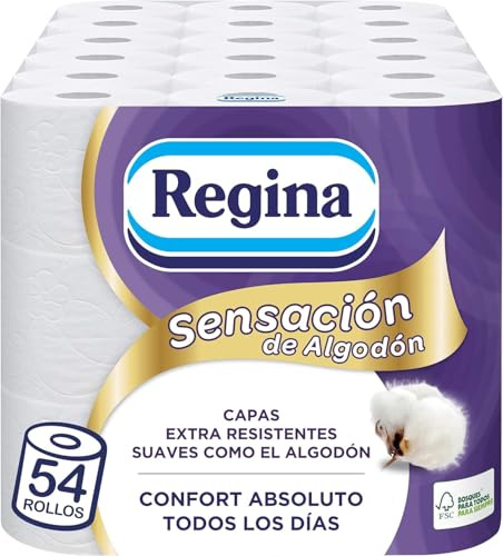 Regina Sensación de Algodón Papel Higiénico | 54 rollos | Capas extra resistentes, suaves como el algodón | Papel 100% certificado FSC®