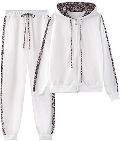 amropi Donna Tuta Sportiva Set Leopardato Maniche Lunghe Felpa con Cappuccio e Jogging Pantaloni (Bianco, M)
