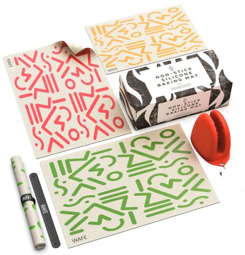 WAFE Silicone Oven Liner Baking Mat Set - 3 Colour Coded, Thick Non Stick Sheets for Baking Trays, Oven Floor + Mini Oven Glove & Storage Band – Reusable, Easy to Clean, BPA Free Kitchen Accessories