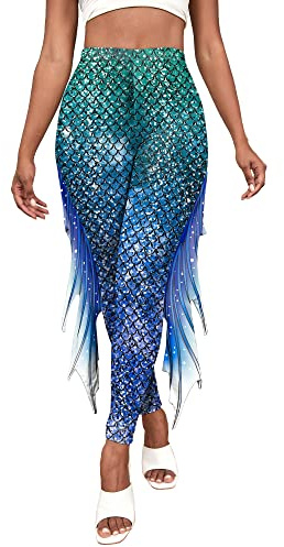 SEAUR Shiny Mermaid Leggings for Women Stretch High Waisted Yoga Pants Ladies Skinny Trousers Fish Scale Print Ankle Leggings Fancy Dress