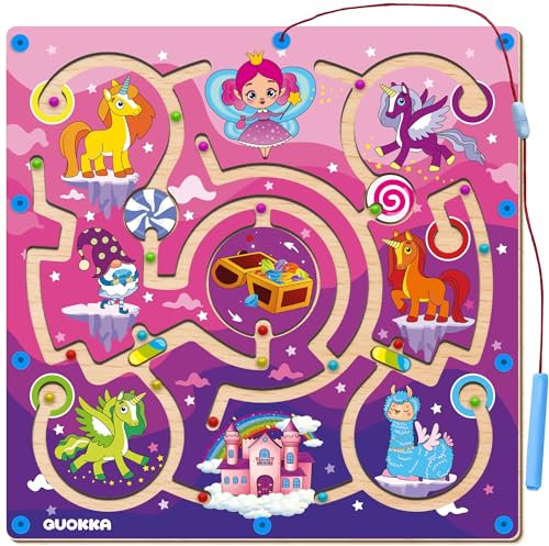 QUOKKA Magnet Kinderspielzeug ab 2 3 Jahren - Montessori Labyrinth Einhorn Reisespiele ab 3 4 5 Jahren - Holz Lernspiele für Autofahrt - VER.2 VERBESSERT