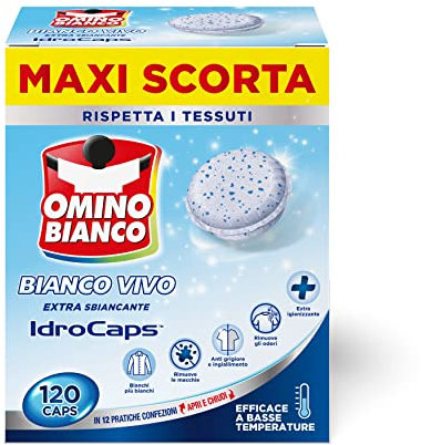 Omino Bianco - Additivo Sbiancante Bianco Vivo Idrocaps Lavatrice, Capsule Idrosolubili per Bucato, Azione Extra Sbiancante e Igienizzante, Specifico per i Tessuti Bianchi, 10 Caps x 12 Confezioni