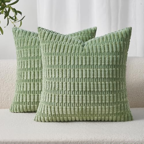 Topfinel Sage green Cushion Covers 45cm x 45cm,Corduroy Decorative Fluffy Pillows Cases,Cushions Cover 18x18 inches with Invisible Zipper for Sofa Bed Livingroom Bedroom,Pack of 2
