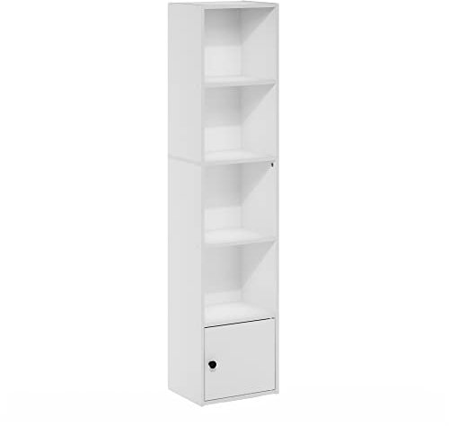 Furinno LUDER Book Shelf, 5-Tier Modern Bookshelf, Bookcase with 1 Door Storage Cabinet, 9.3 x 12 x 52, for Living Room, Bedroom, Home Office, White