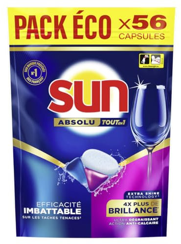 Sun Pastilles Lave-Vaisselle Absolu Tout-en-1 Brillance - 28 capsules - tablettes imbattables sur les taches tenaces - 4x plus d'éclat