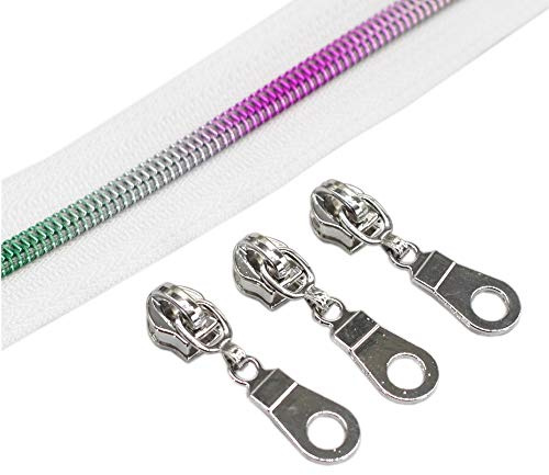 YaHoGa 9 m Rainbow Endless Zip, Sold by the Metre, White Zip, 6 mm Spiral + 25 Nonlock Zippers (Rainbow White)