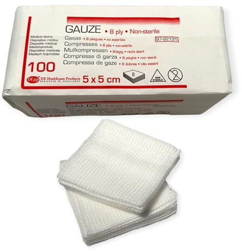 DE Healthcare Products – Mullkompressen (100 Stück), 5 × 5 cm, 8-fach gelegtes Wundmaterial, unsterile Wundauflagen, 100% faserfreie Baumwolle