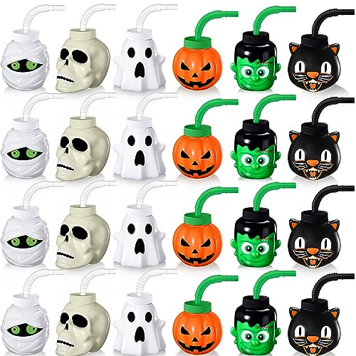 Umigy 24 Pack Halloween Cup Set for Kids - 10 oz Reusable Plastic Cup with Lid & Straw Gift Bulk for Halloween Party Favor Supplies