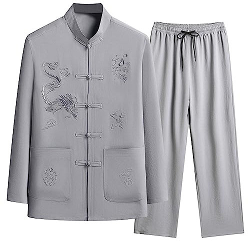 Darringls Ensemble de costumes Kung Fu pour homme - Costume chinois - Hanfu - Arts martiaux - Chemise - Pantalon traditionnel - Wing Chun Taichi - Uniforme Aznug, gris, XXXL