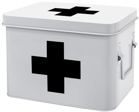 Flexzion First Aid Medicine Box Supplies Kit Organizer - Empty 8 White Metal Tin Medic Storage Bin Hard Case with Removable Tray Gold Cross, Vintage Antique Boxes for Home Family Emergency Tool Set