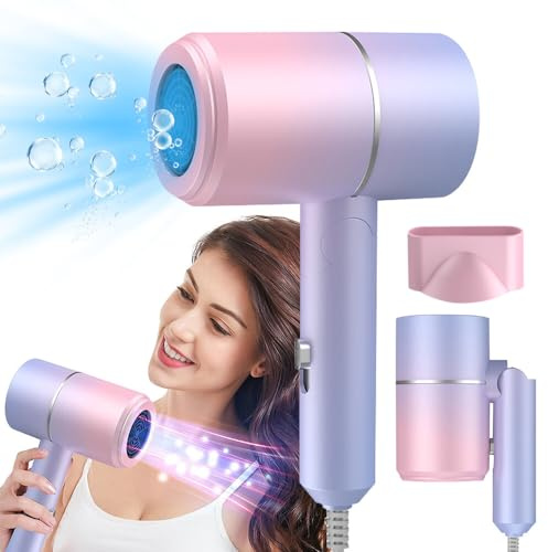 ZOYDP Hair Dryer Travel, Foldable Hair Dryer, Ionic Hairdryer Lightweight with 2 Heat and Cool Button, Silent Hairdryers for Women with 1 Concentrator, Small Hair Blow Dryer for Women Men, Fast Drying