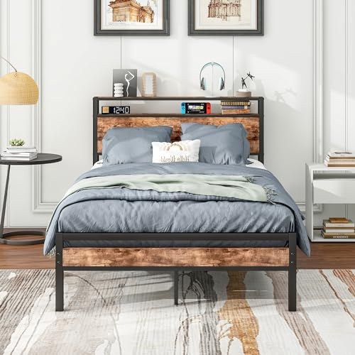 BORPHOM Metallbett aus Metall 120x200 Bettgestell mit Lattenrost,Bettrahmen Holz mit Stauraum Kopfteil,Für Erwachsene, Kinder, Jugendliche,Doppelbett 120x200 Bett,Vintage Braun+Schwarz