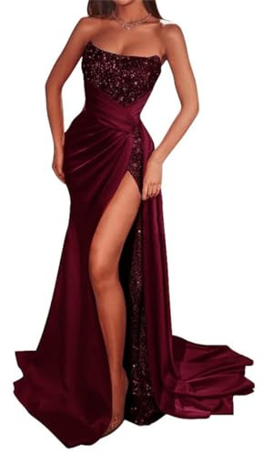 Abito da donna con paillettes glitterate e spacco alto, abito da damigella d'onore a sirena in raso lungo abito da sposa formale, Borgogna, 34