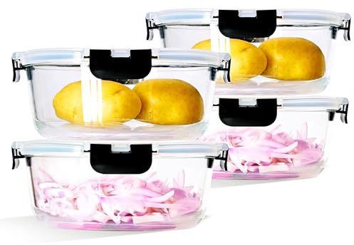 LNWSN 1300ml Frischhaltedosen Glas mit Deckel 4er, Rund Meal Prep Boxen Glas mit Deckel, Versiegelter Glasbehälter mit Deckel, um Deftige Mahlzeiten zu Potlucks Mitzunehmen, Schwarze