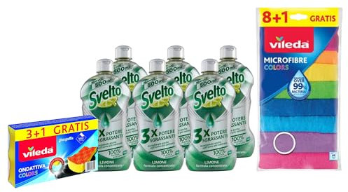 Set Per La Pulizia: 6x Detergenti Piatti a Mano Concentrato Limone 500ml + Spugna Ondattiva Milleusi Colors 3+1, Multicolore + Panni in Microfibra 30x 30 cm