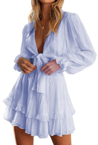 PHENHU Women's Dress Deep V-Neck Long Sleeve Knot Front Ruffle Hem Casual Short Dress