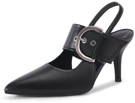 Coutgo Womens Slingback Pumps Closed Pointed Toe High Heels Belt Buckle Strap Dressy Work Shoes, Black, Size 8