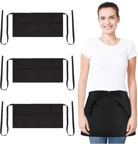 ZOCONE 3 Pack Black Waitress Apron with 3 Pockets, Short Waist Half Apron 60x30 cm Black Aprons Catering Waist Apron with Pockets for Cleaning Cooking Baking Waiter Chef-Unisex