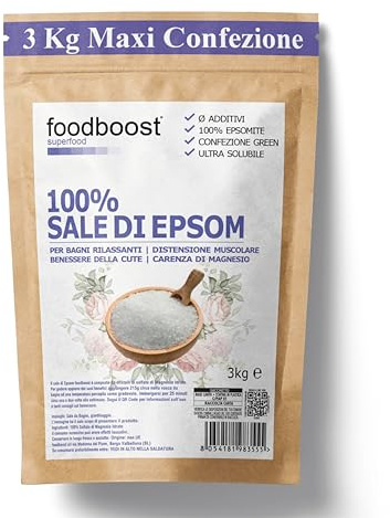 Sale Epsom Puro 3Kg Foodboost, Naturale al 100%, Ricchissimo di Magnesio, Efficace per la Bellezza di Corpo, Pelle e Capelli, Ottimo come Fertilizzante