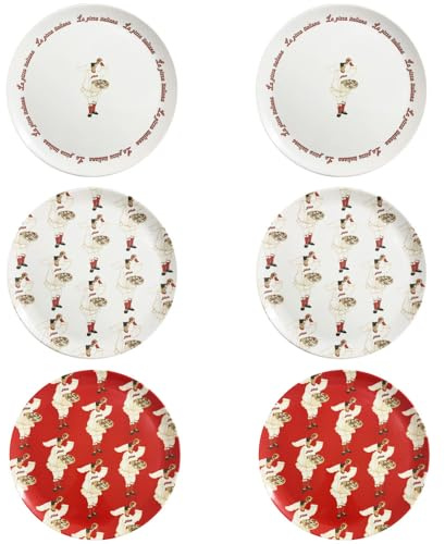 PALUPLUS Set 6 Piatti Pizza Rotondi in Melamina, Diametro 33 cm e Altezza 1,5 cm, Piatto con 3 Decorazioni, Infrangibili e Riutilizzabili, Fantasia Pulcinella -3757C