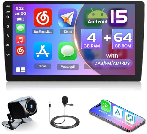 Inefala Dab Radio Coche 2 DIN Carplay inalámbrico Android Auto con Pantalla 9 Pulgadas, Autoradio Bluetooth con Radio FM/Am/RDS, Mirror Link, USB, AUX, SWC, Mic, Cámara Trasera