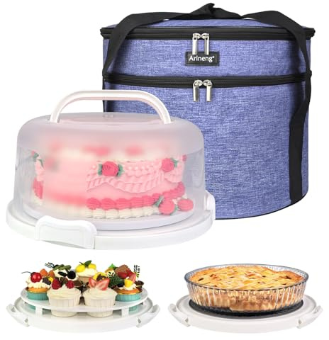 Arineng 10 inch Round Cake Carrier Box with Lid and Handle, Transportation Insulated Bag for Cakes, Cupcakes and Pies, Triple Locking Design for Safe Transportation (Purple, 5.5 Inches High)