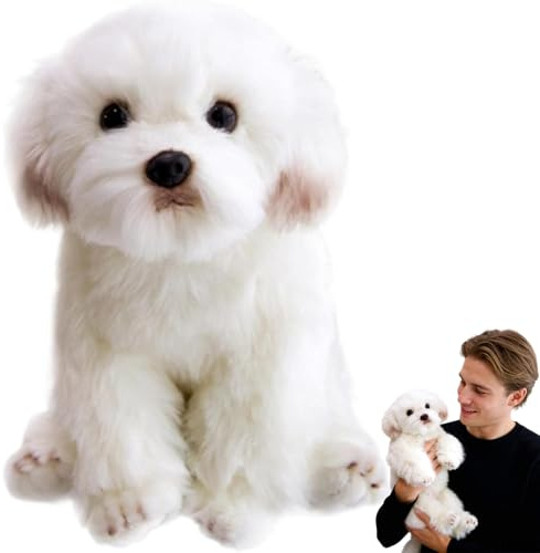 Xiyocadt Realistischer Maltese Plüschhund 28cm – Weicher Weißer Kuschelwelpe, Süßes Hund Stofftier, Flauschiges Kuscheltier für Kinder, Deko & Geschenkideen (Weiß)