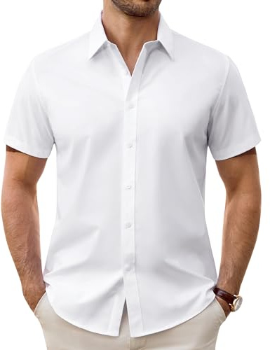 Lusead White Short Sleeve Dress Shirt Men Stretch Stain Shield Button Down Shirts Solid Wrinkle Free Formal Tops Office M
