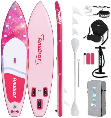 FunWater Tabla de Paddle Surf Hinchable Sup Ultraligera con Sistema ISUP, 3 Aletas, Remo Ajustable, Bomba, Mochila, Leash de Seguridad y Asiento