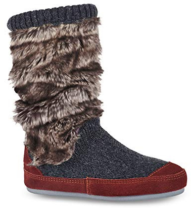 Acorn Women's Mid-Calf Slouch Boot Slippers, Memory Foam Comfort, Non-Slip Rubber Sole - Cozy House Shoes, Indoor/Outdoor Use, Charcoal Faux Fur, 5-6