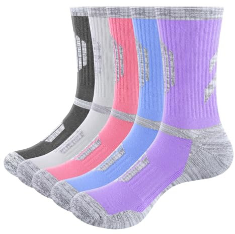 YUEDGE Women's Walking Sports Socks Sweat Wicking Cushioned Anti Odor Cotton Cushioned Crew Casual Work Athletic Crew Socks for Women Size 4-7, Multicolor, 5 Pairs