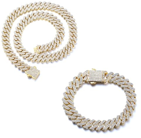 HALUKAKAH Chapado en Oro Auténtico de 18k Diamante Cubano Pulsera de Eslabones Collar Joyas Conjunto Para Hombre,Más De 1500 Diamantes de Laboratorio,Ancho 12mm Largo 20cm,45cm con Caja de Regalo