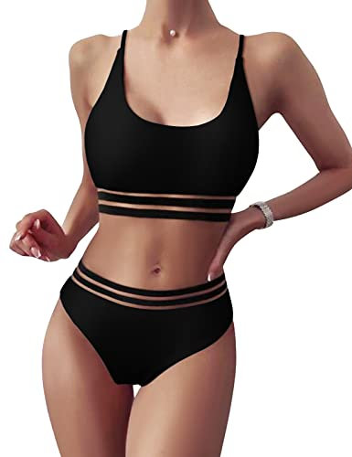 TOMEEK Damen Bikini Set mit Mesh Zweiteilig Badeanzug Push up Gepolstert High Cut Sport Bademode Hohe Taille Bikinis für Frauen(Schwarz,M)