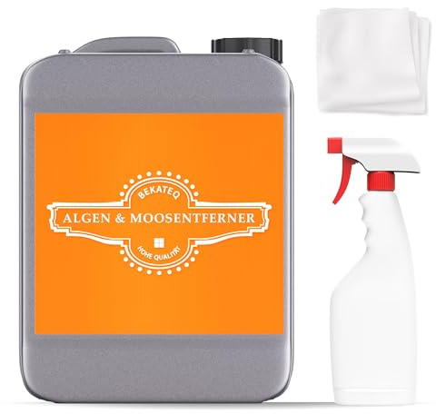 Algenreiniger 5L Set mit Sprühflasche und Vliestuch - Moosreiniger & Algenentferner für Pool, Whirlpool, Fliesen, Stein, Dach, Klinker, Fassade - Reiniger chlorfrei & säurefrei - BEKATEQ BE-509