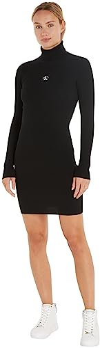 Calvin Klein Jeans Damen Pullover-Kleid Badge Roll Neck Langarm, Schwarz (Ck Black), M