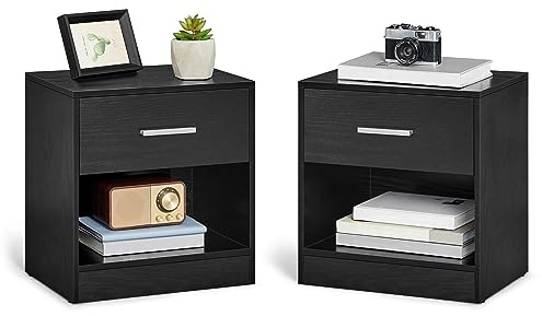 VASAGLE Table de Nuit, Lot de 2, avec Tiroir, Poignée, Compartiment Ouvert, Table d’Appoint, pour Chambre, Salon, Noir Classique LET819T56