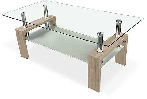 Homey - Mesa de Centro de Cristal, Mesita de Salón o Comedor, Modelo Tango, Acabado en Color Cambria, Medidas: 110 cm (Ancho) x 55 cm (Fondo) x 45 cm (Alto)