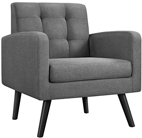 Yaheetech Poltrona Lounge da Salotto Imbottita con Braccioli e Schienale Gambe in Legno Stile Moderno da Lettura/Riposo/Lavoro/Bar Grigio Scuro/Tessuto