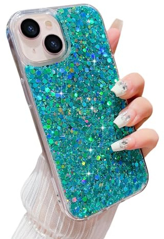 LCHULLE Designed for iPhone 15 Case Women Girls Glitter Bling Shockproof Bumper Cover Cute Sparkly Shiny Slim Fit Protective Phone Case for iPhone 15 6.1 inch,Green