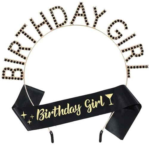 MIOSJI Birthday Girl Sash and Crown Crystal Tiara Headband for Her Women Gift Birthday Decorations Party Supplies (Black Gold)