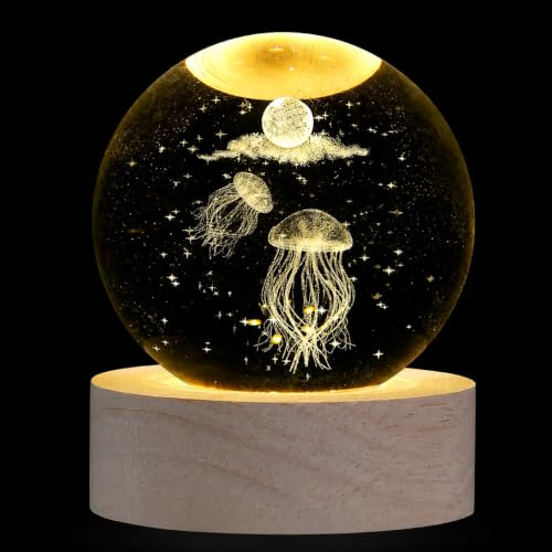 XIANNVXI 3D Jellyfish Crystal Ball Ornament Paperweight,with Luminous Base | Jellyfish Gifts,60mm Crystal Glass Ball Bedroom Decoration,Sea Ocean Marine Present,Coastal Beachy Seaside Room Decor