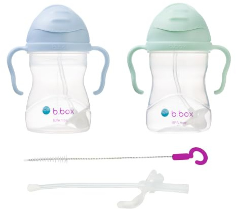 b.box Bicchieri con cannuccia | Confezione da 2 con cannuccia di ricambio e spazzolina | Bimbo 6m+ | Senza BPA Antigoccia | Lavastoviglie OK | 240ml | Set da 2 | Azzurro/Verde