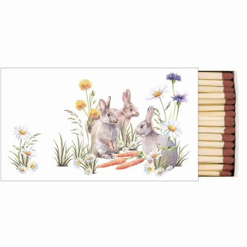 Boîte de 45 bois de cheminée - Lapins de Pâques avec carottes dans l'herbe - Décoration de table - Longueur de l'allumette : 9,5 cm - Dimensions de la boîte : 11 x 6,3 cm